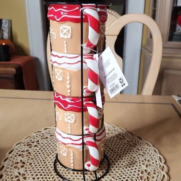 Holiday Time Gingerbread House Glazed Ceramic Mugs with Wire Rack 12 oz … - Picture 2 of 3